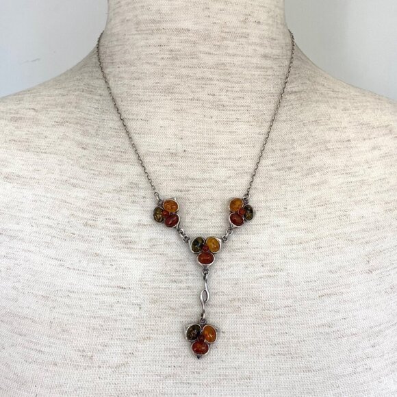 Sterling Silver 925 Multi Color Baltic Amber Flower Floral Y Necklace 16" -17.5" - Picture 1 of 16